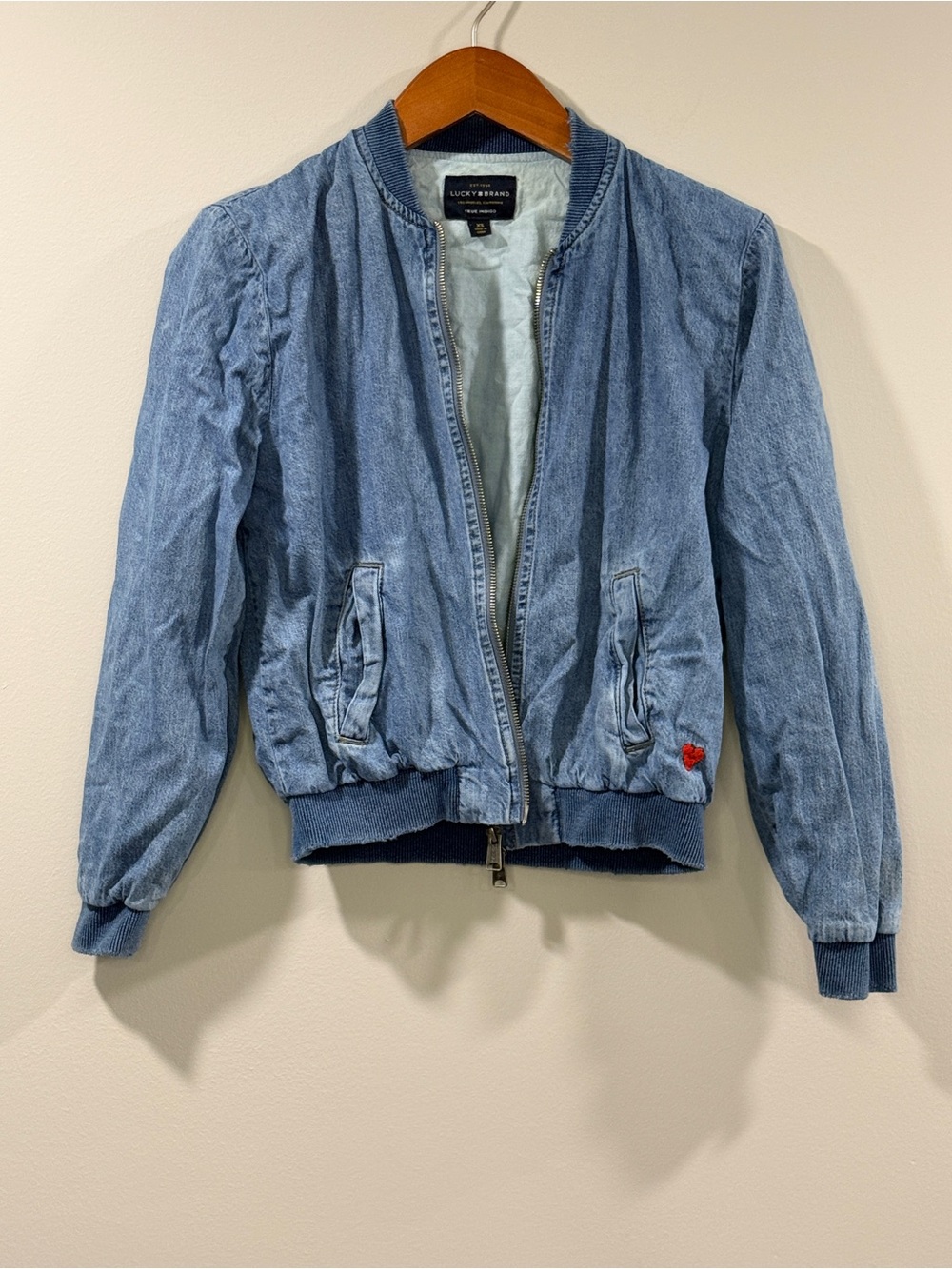 Lucky Brand Women’s Light Denim Bomber Jacket with Red Heart Accent Size XS